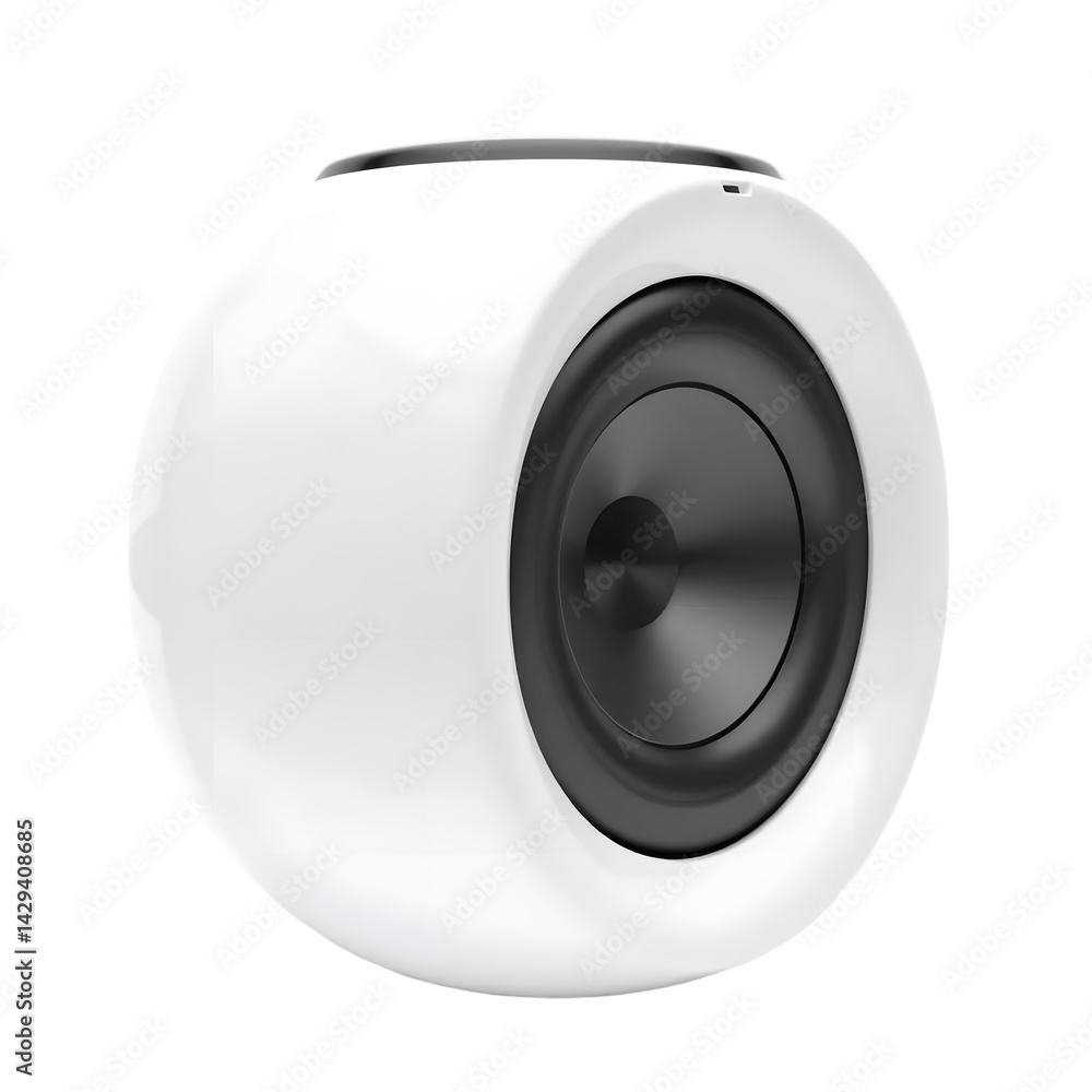 Poster Sleek Futuristic Smart Speaker Design, Rendered In 3d, Showcasing A Rounded Modern Aesthetic. Perfect For Technology Enthusiasts, This Plain White Isolated Image Is Ideal. Digital Age. Home