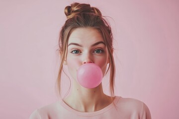 Woman with bubble gum, natural beauty. 