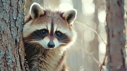 Naklejka premium Curious raccoon peeking from behind tree trunk wildlife nature photography