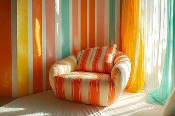 A striped armchair in a striped setting.