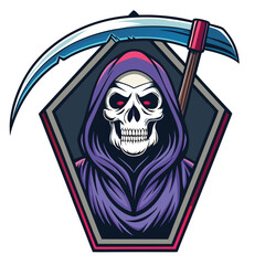 A detailed illustration of a grim reaper's skull head, rendered with stark realism, casting a vibrant neon-green scythe shadow.  High contrast, dark background.