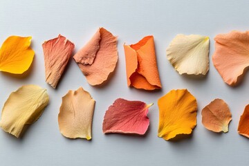 Various colored petals arranged on a surface showcasing their unique shapes and textures during daylight