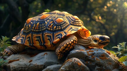 Dazzling Indian star tortoise resting on a sunlit rock its patterned shell creating mesmerizing geometric shapes
