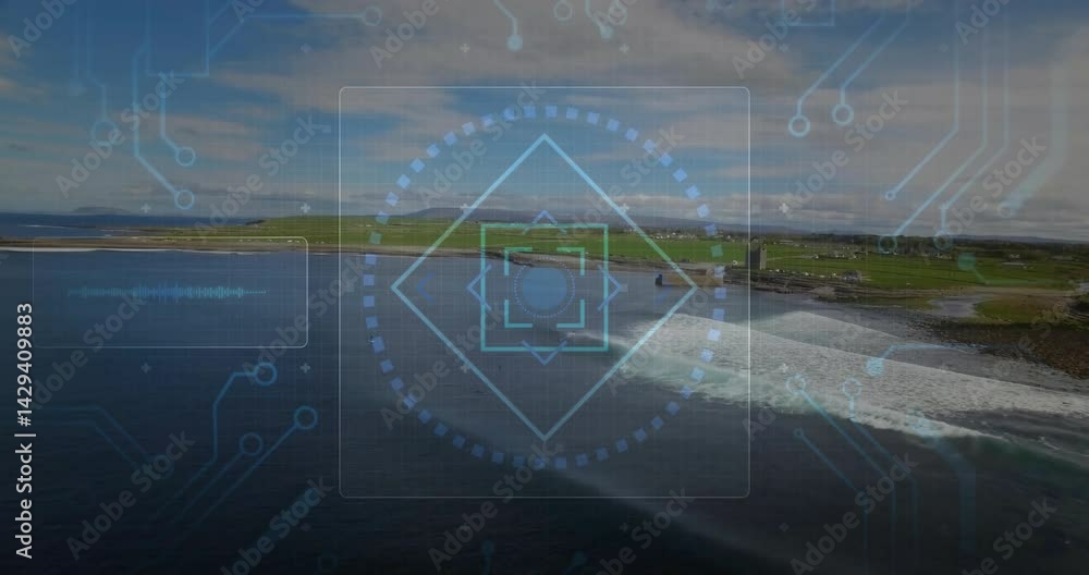 Aufkleber digital hud targeting interface hovering over coastal drone view, showing circuit lines and reticle
