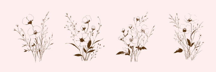 Wildflowers floral vector art, Abstract botanical illustration