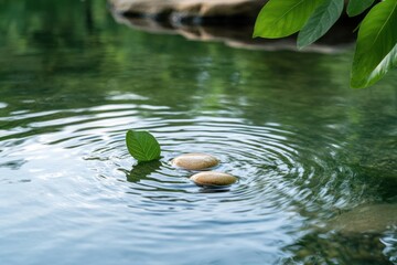 Tranquil waters reflect nature's beauty with stones and a leaf floating serenely in the calm ripples at dawn