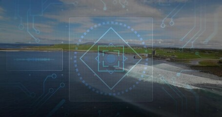 Digital HUD targeting interface hovering over coastal drone view, showing circuit lines and reticle - Powered by Adobe