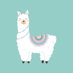 Cute white llama with a colorful blanket on a pastel background. Adorable cartoon animal perfect for kids designs, nursery prints, and greeting cards.


