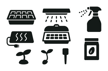 Indoor gardening solid icons set – flat style plant care, seed starting, and hydroponics symbols for urban growers: seed tray, grow light, spray bottle, heating mat, germinating seeds, fertilizer jar