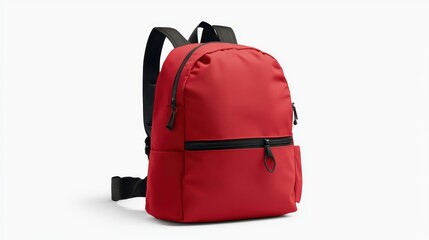 Red backpack with sharp monochrome graphic accents, streamlined silhouette, and sturdy zipper pulls, isolate on white background