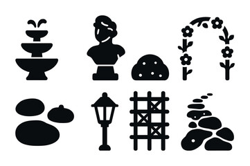 Garden silhouette icons set &ndash; solid style nature, landscaping, and outdoor design symbols: fountain, sculpture, bush, flower arch, stones, lamp post, trellis, stone path.