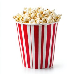 Popcorn in striped bucket isolated on white background