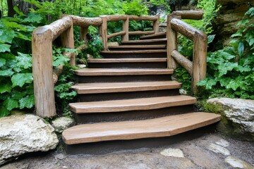 Wet Stone Steps and Wooden Railings in a Lush Green Garden