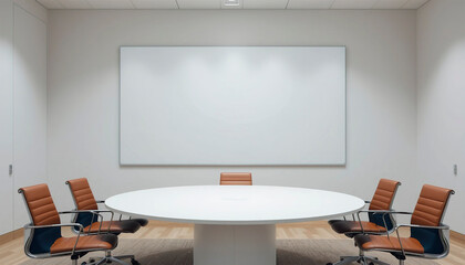 minimalist modern conference room, large blank white rectangular screen or board mounted on light wall. large round white conference table