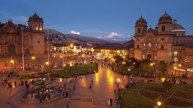 Aerial view of the Plaza de Armas of Cusco Peru at night