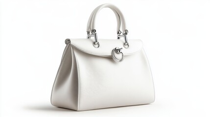 White structured handbag with silver hardware, isolated on white background