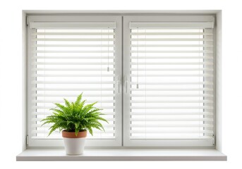Fototapeta premium White window with closed blinds, potted plant standing on window isolated on a white
