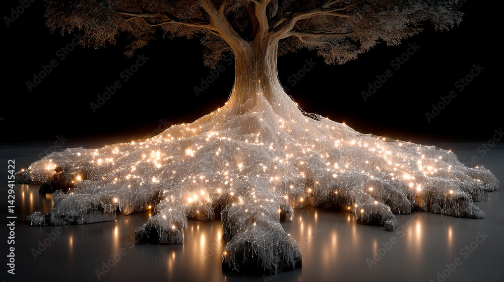 Poster digital tree roots with glowing lights symbolize the fusion of technology and nature highlighting th
