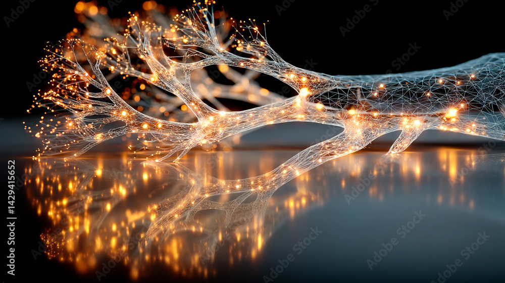 Poster digital tree roots with glowing lights symbolize the fusion of technology and nature highlighting th