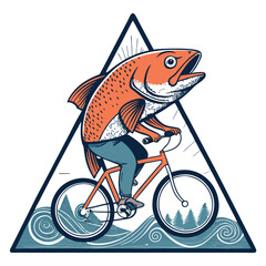 A cartoon fish wearing a helmet, humorously riding a tiny bicycle inside a whimsical, quirky-looking train carriage.