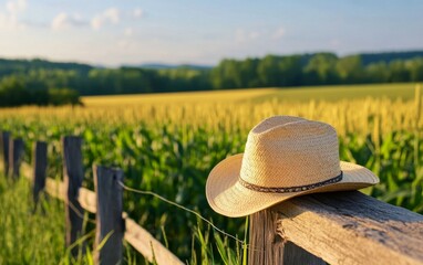 A Straw Cowboy Hat Leaning on a Rustic Fence in a Golden Wheat Field