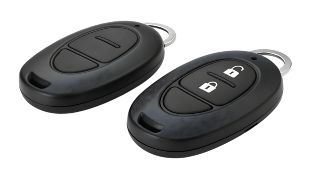 Car remote key fob with lock and unlock buttons on transparent background