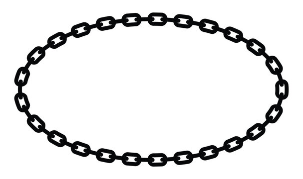 Minimalist black chain oval frame with geometric rectangular links looping continuously. Isolated on white, bold contrast. Symbolizes strength and order, clean vector illustration.