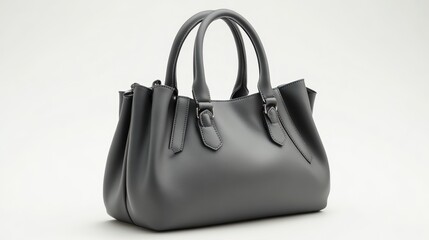 Gray faux leather handbag with soft matte finish, isolated on white background