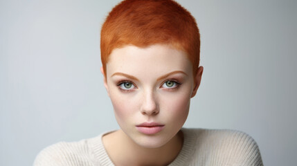 Close up portrait of a redhead caucasian woman with green eyes and serious expression on a clean light background perfect for beauty fashion and editorial concepts