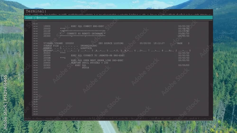 Poster terminal window displaying sql code with ascii rulers over forest wallpaper, using flat design