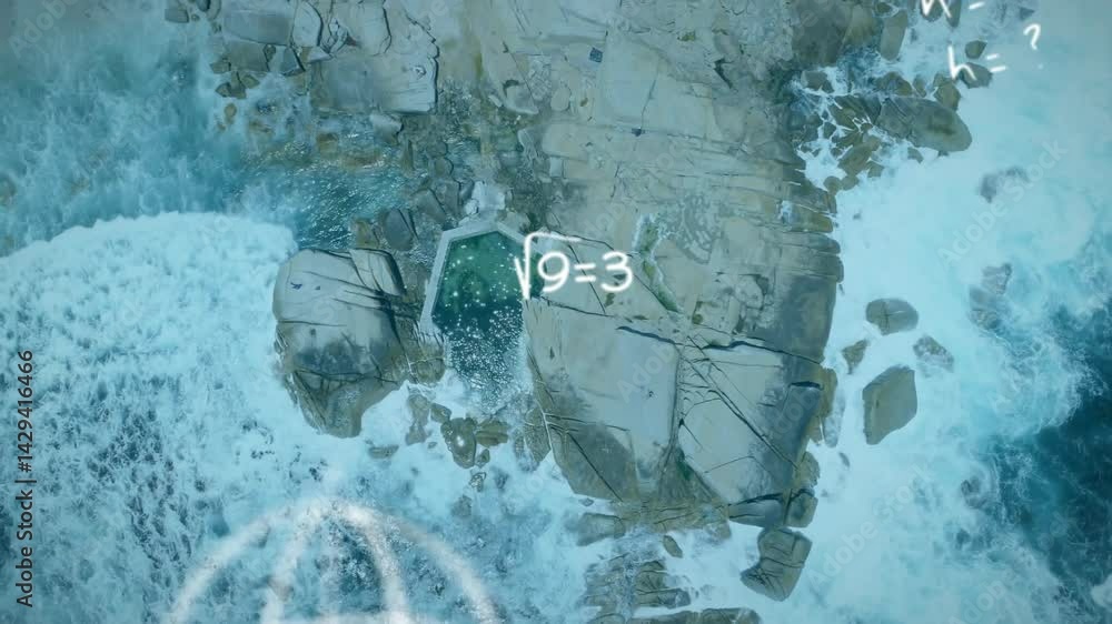 Poster hexagonal tidal rock pool forming focus, crashing waves showcasing floating digital math formulas