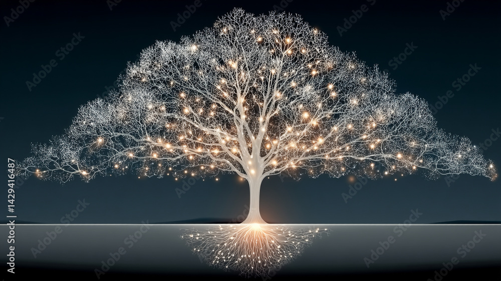 Poster digital tree roots with glowing lights symbolize the fusion of technology and nature highlighting th