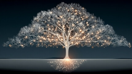 Digital tree roots with glowing lights symbolize the fusion of technology and nature highlighting the interconnectedness of biological systems and digital networks in a futuristic aesthetic

