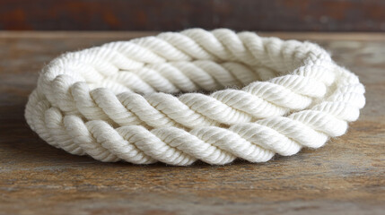 A coiled white rope is displayed against a highly textured wooden background, evoking a nautical aesthetic