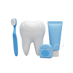 3d Illustration Dental hygiene set featuring tooth, toothbrush, toothpaste and dental floss