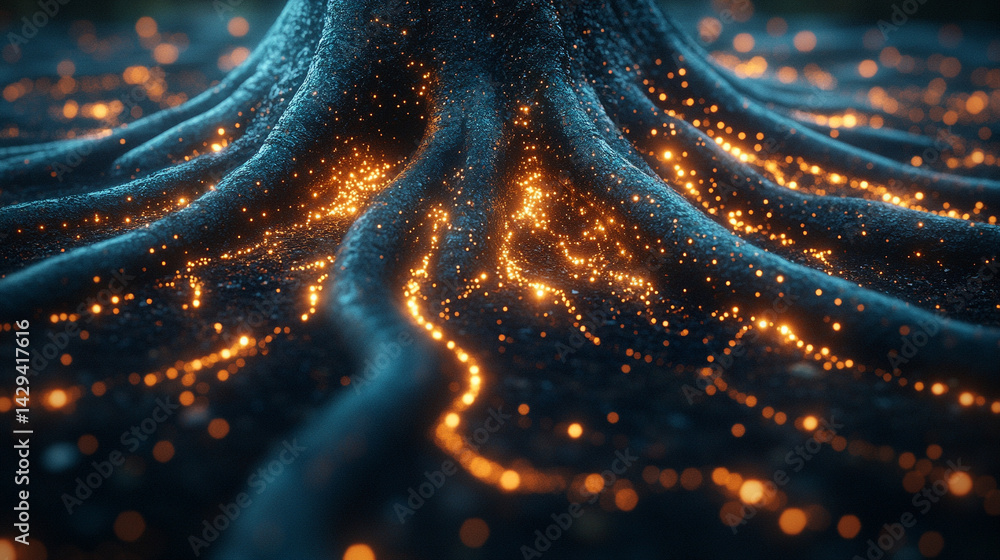 Poster digital tree roots with glowing lights symbolize the fusion of technology and nature highlighting th