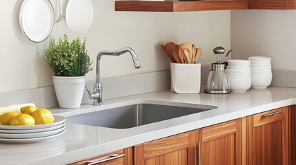 Modern kitchen countertop with sink, faucet, and accessories.