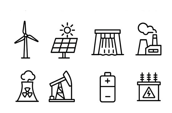 Renewable energy and power generation icon set – outline style eco-friendly, sustainable, and green energy symbols for environmental projects: wind turbine, solar panel, hydroelectric dam, power