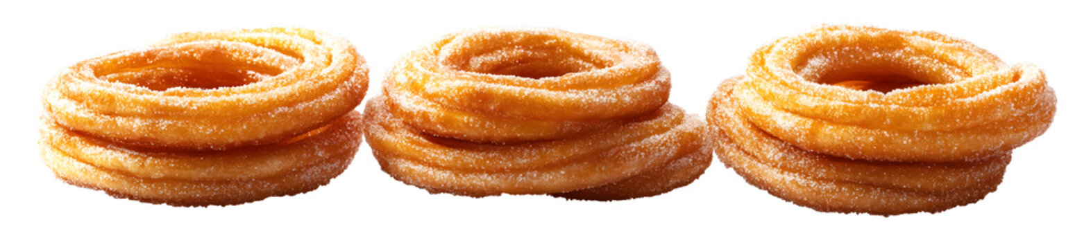 Sugar-coated fried dough pastries or Churo Swirl stacked together isolated on a white transparent background. Concept of sweet and delicious snack food