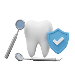 3d Illustration Tooth protection concept with dentist mirror and shield with tick