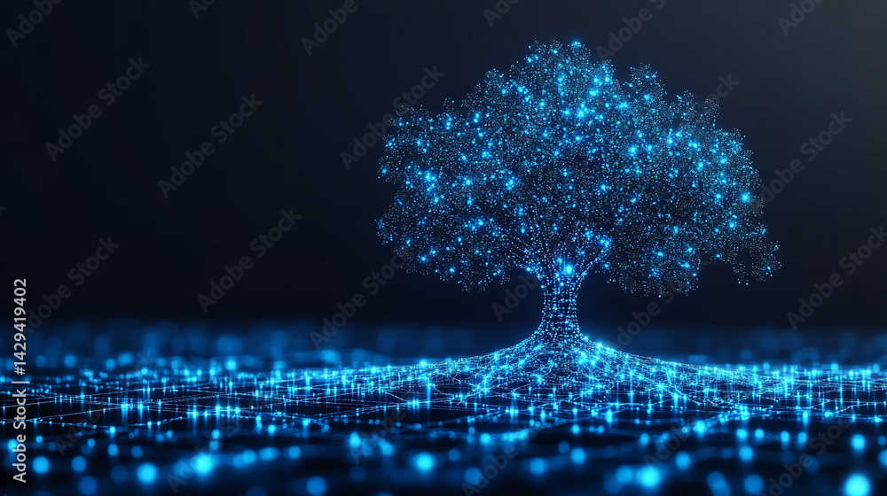 Poster digital tree roots with glowing lights symbolize the fusion of technology and nature highlighting th