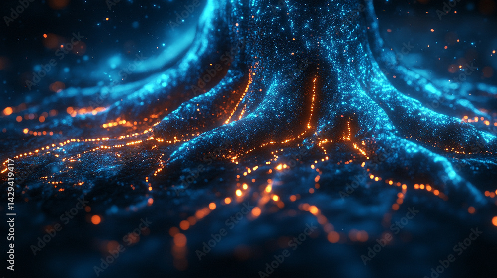 Poster digital tree roots with glowing lights symbolize the fusion of technology and nature highlighting th