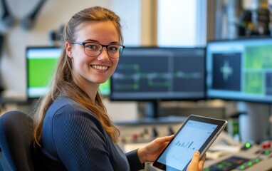 Obraz premium Young Woman in Control Room, Analyzing Data and Graphs