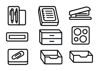 Office supplies outline icons set &ndash; linear style essentials for work and organization: pen, paper, stapler, drawer, paperclip, box, storage