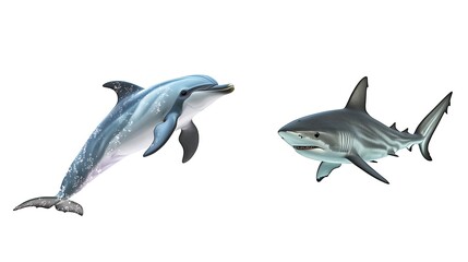 Fototapeta premium A happy dolphin jumping on the left, a still shark lurking underwater on the right, high realism, isolated on white.