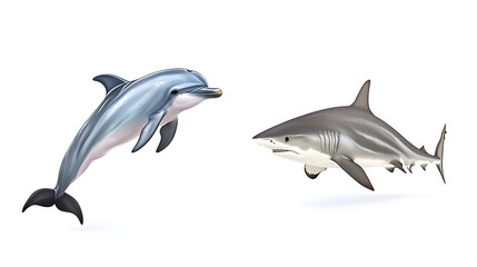 Fototapeta premium A happy dolphin jumping on the left, a still shark lurking underwater on the right, high realism, isolated on white.