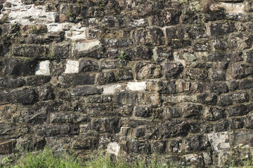 Texture of ancient stone wall covered with moss and grass in sunlight revealing history
