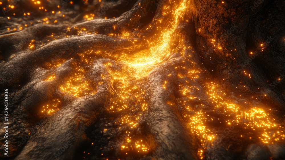 Poster digital tree roots with glowing lights symbolize the fusion of technology and nature highlighting th