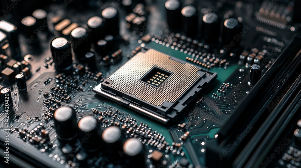 Poster high resolution closeup modern cpu processor computer motherboard technology digital circuit board e