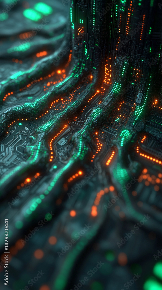 Poster digital tree roots with glowing lights symbolize the fusion of technology and nature highlighting th